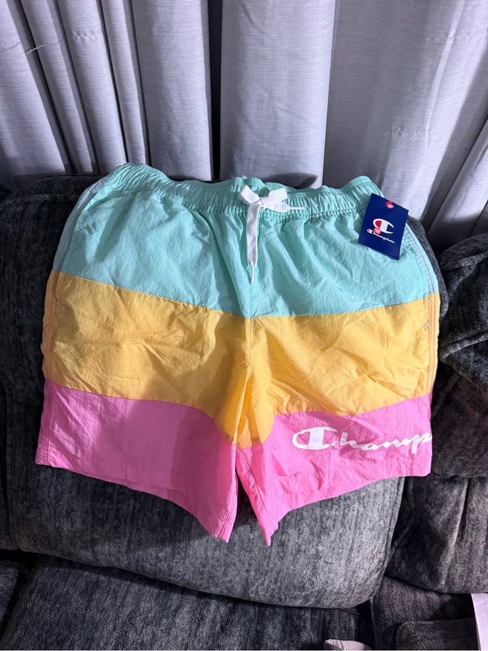 Champion Men’s Colorblock Swim Trunks in Aqua, Yellow & Pink